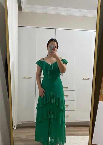 Yeşil Straplez Uzun Volanlı Elbise - Görsel 2