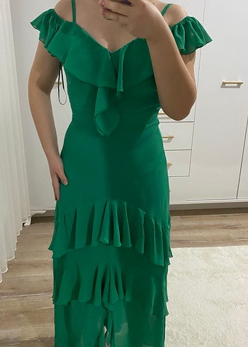 Yeşil Straplez Uzun Volanlı Elbise - Görsel 4