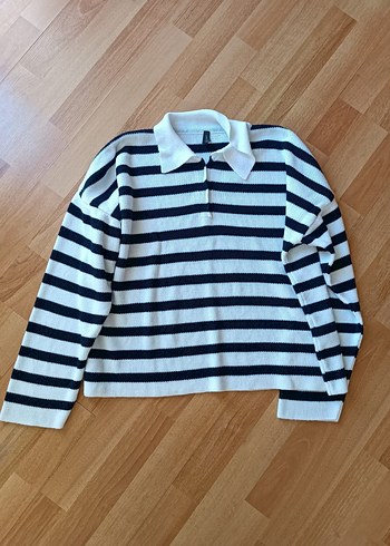 Çizgili Yakalı Kadın Triko Sweatshirt