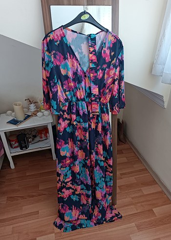 Çok Renkli Bohem Uzun Elbise V Yaka - Görsel 3