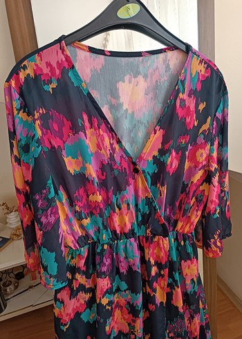 Çok Renkli Bohem Uzun Elbise V Yaka - Görsel 4