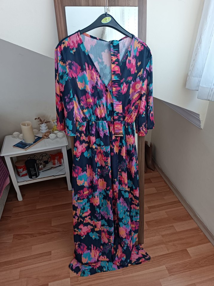 Çok Renkli Bohem Uzun Elbise V Yaka - Görsel 3