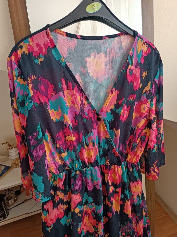 Çok Renkli Bohem Uzun Elbise V Yaka - Görsel 4