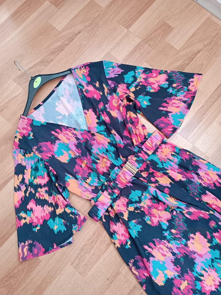 Çok Renkli Bohem Uzun Elbise V Yaka - Görsel 2