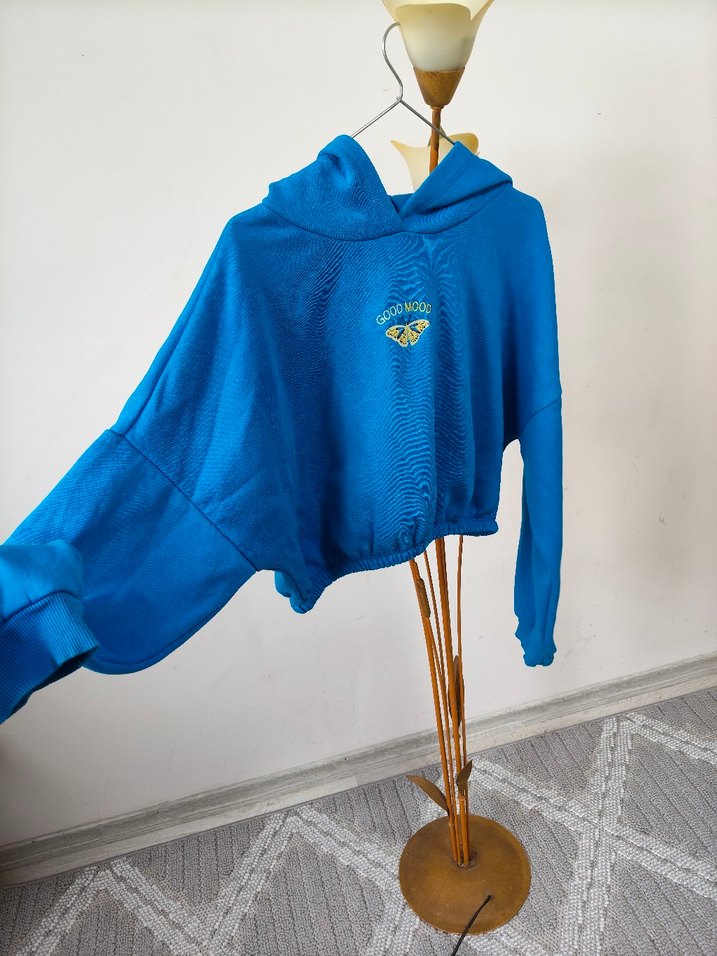 Mavi Kapüşonlu Kadın Sweatshirt - Görsel 3