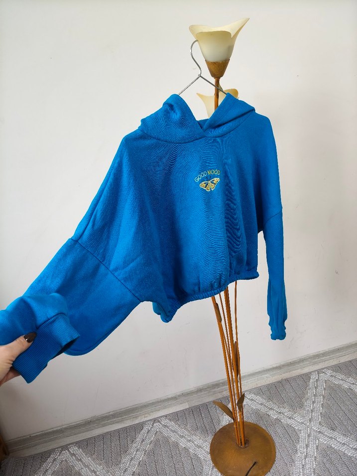 Mavi Kapüşonlu Kadın Sweatshirt - Görsel 2