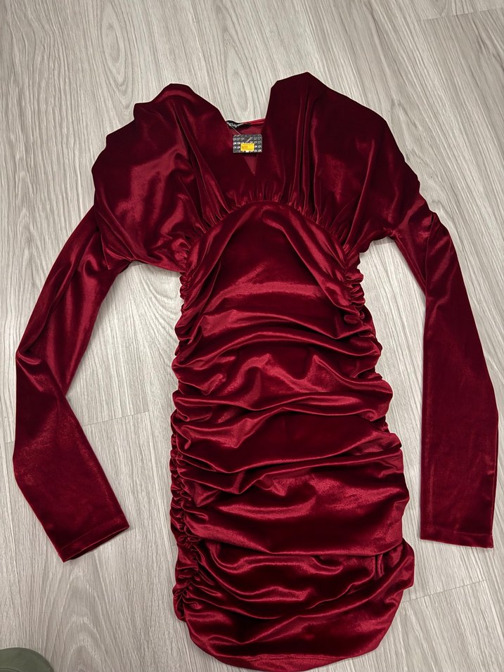 Bordo Kadife Mini Elbise — görsel 4/7