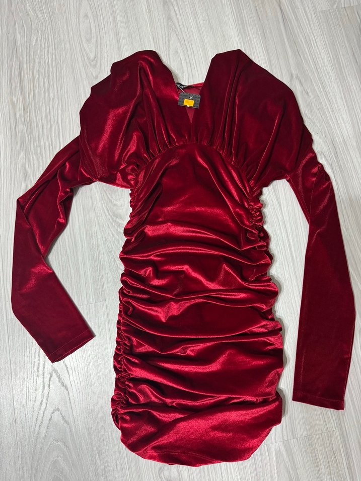 Bordo Kadife Mini Elbise — görsel 3/7
