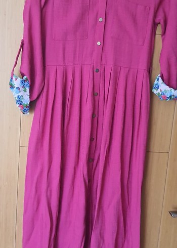 Düğmeli Pembe Bohem Kadın Uzun Elbise