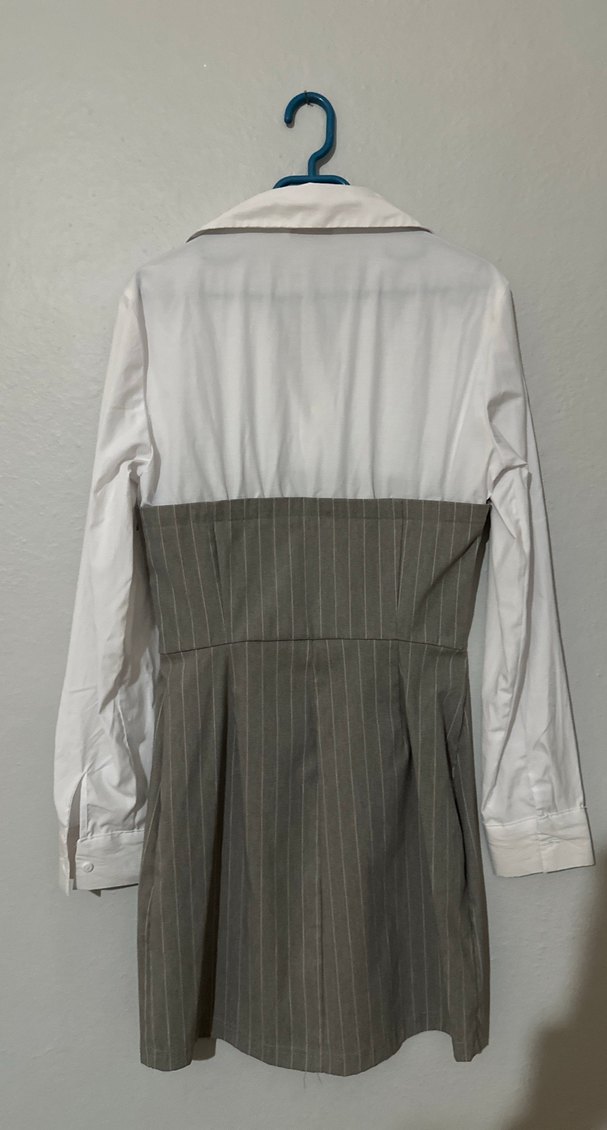 Gri Çizgili Midi Ofis Elbisesi - Görsel 2