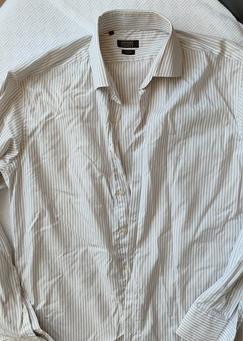 Beyaz gri  Çizgili Erkek pamuk Gömlek - Görsel 3