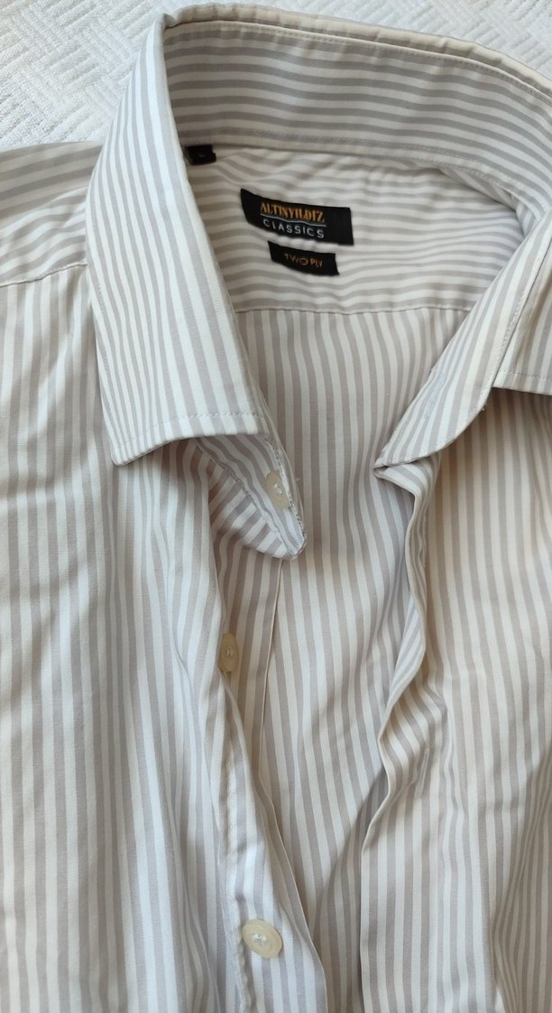 Beyaz gri  Çizgili Erkek pamuk Gömlek - Görsel 5