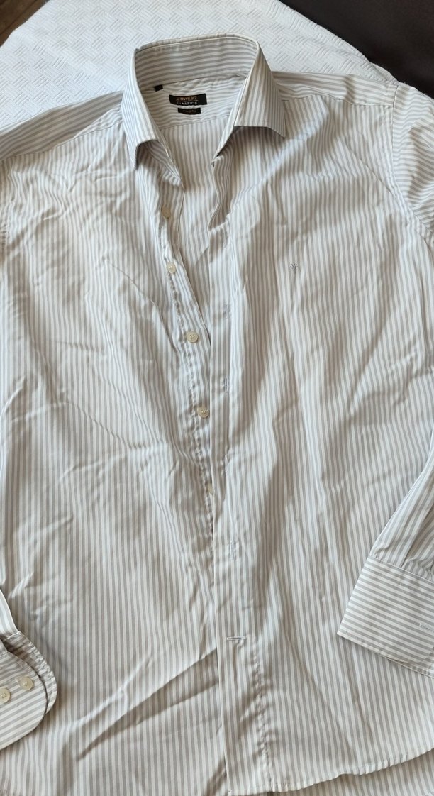 Beyaz gri  Çizgili Erkek pamuk Gömlek - Görsel 2