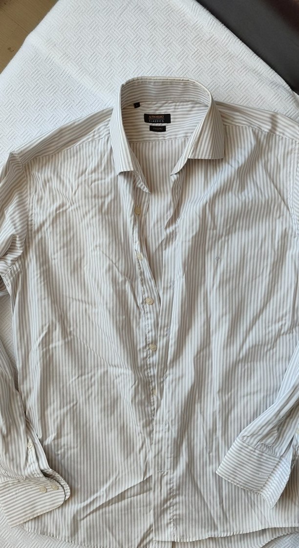 Beyaz gri  Çizgili Erkek pamuk Gömlek - Görsel 3