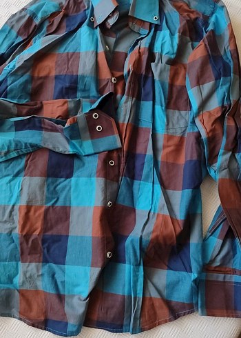 mavi kahverengi tonlarda kareli Uzun Kollu Erkek Gömlek - Görsel 3