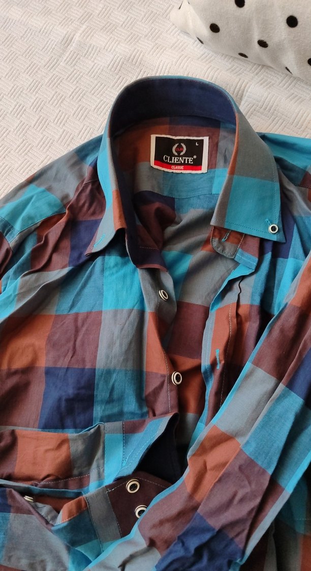 mavi kahverengi tonlarda kareli Uzun Kollu Erkek Gömlek - Görsel 4