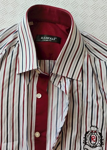 Beyaz - Bordo lacivert Çizgili Erkek Uzun Kollu Gömlek - Görsel 2