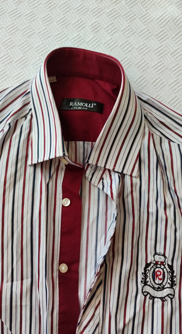 Beyaz - Bordo lacivert Çizgili Erkek Uzun Kollu Gömlek - Görsel 2