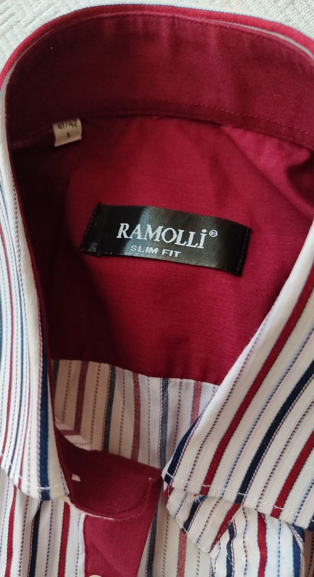 Beyaz - Bordo lacivert Çizgili Erkek Uzun Kollu Gömlek - Görsel 3