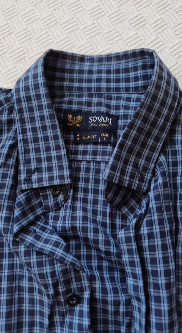 Düğmeli yaka kareli Lacivert Erkek Gömlek - Görsel 3