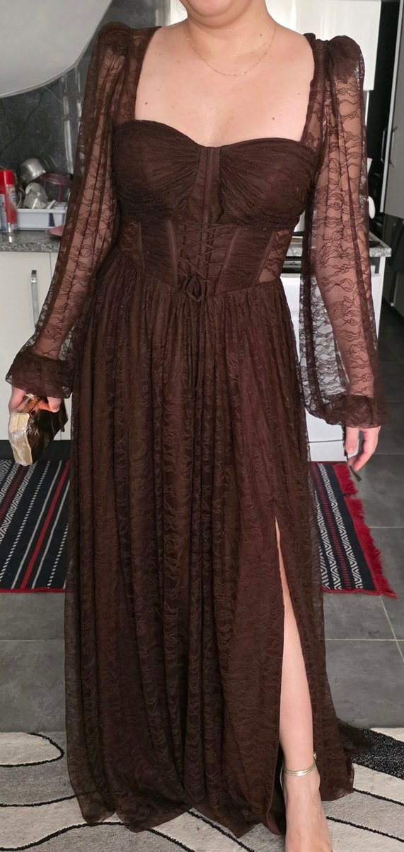 Kahverengi Dantel Detaylı Uzun Elbise - Görsel 2