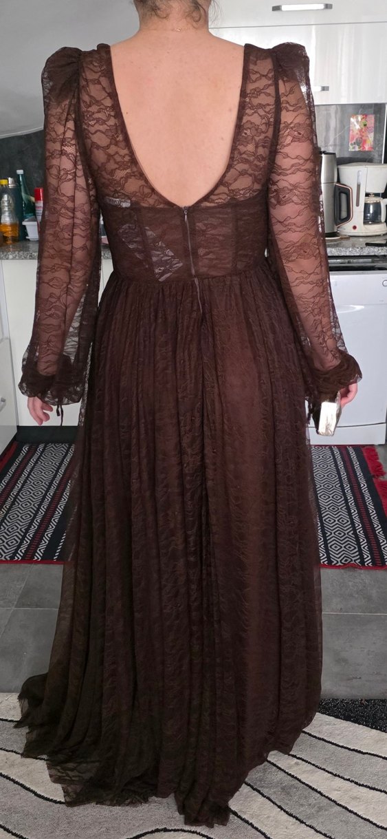 Kahverengi Dantel Detaylı Uzun Elbise - Görsel 3