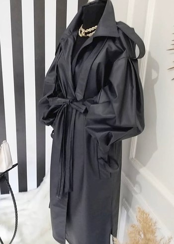 Siyah Deri Kemerli Uzun Kadın Ceket - Görsel 2