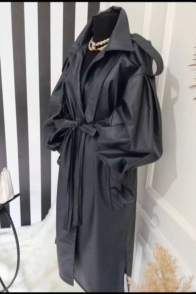 Siyah Deri Kemerli Uzun Kadın Ceket - Görsel 2