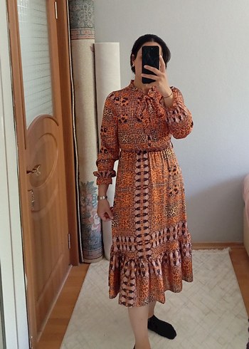 Kahverengi Desenli Bohem Midi Elbise