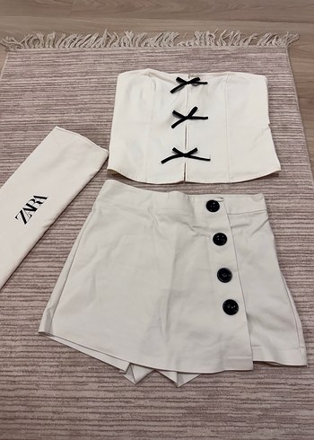 Zara Ekru Mini Etek Bagcikli Crop Ust
