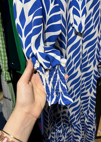 Mavi Yaprak Desenli Uzun Kollu Elbise - Görsel 3