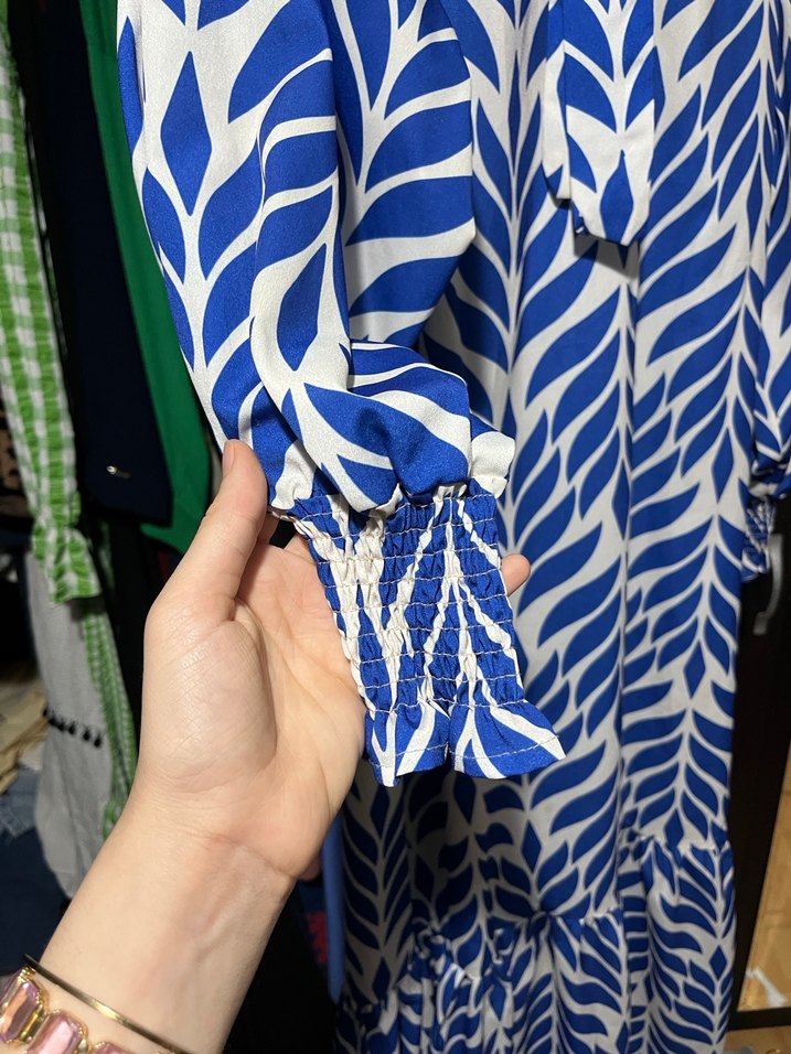 Mavi Yaprak Desenli Uzun Kollu Elbise - Görsel 3