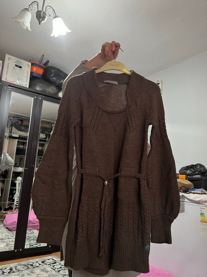 Bohem Tarz Kahverengi Örgü Kadın Kazak - Görsel 2