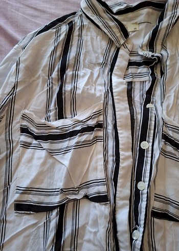 Gri Çizgili Kadın Uzun Kollu Gömlek - Görsel 5