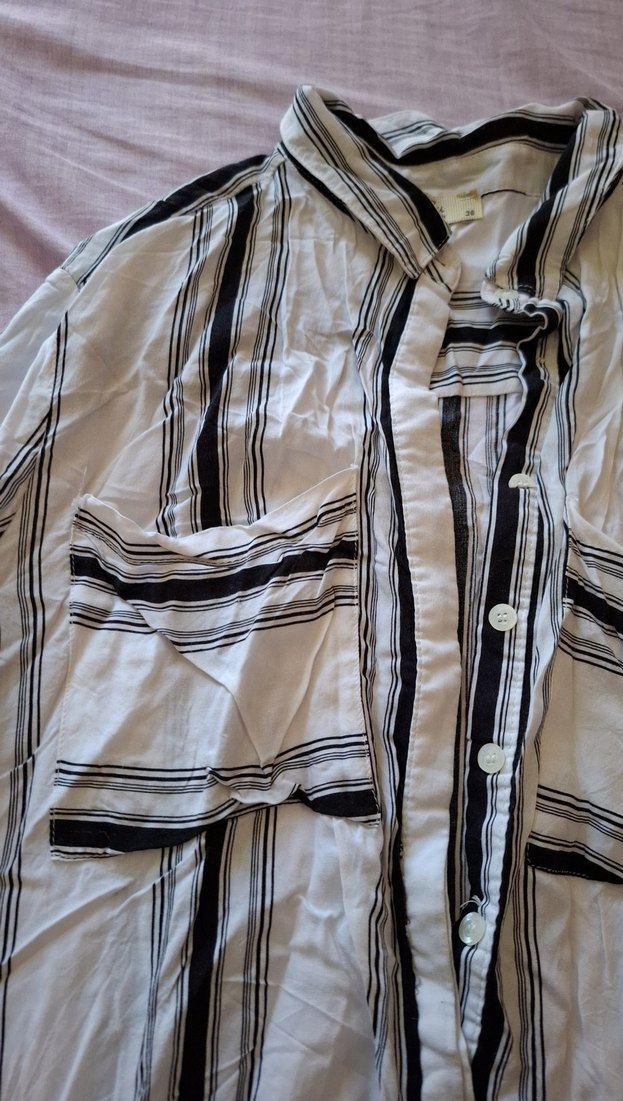 Gri Çizgili Kadın Uzun Kollu Gömlek - Görsel 5