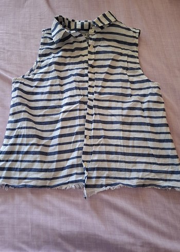 Düğmeli Kolsuz Gri Çizgili Keten Gömlek - Görsel 3