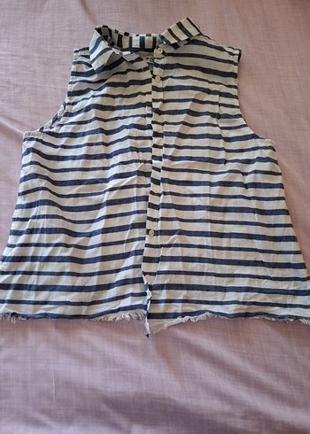 Düğmeli Kolsuz Gri Çizgili Keten Gömlek - Görsel 2