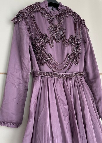 Mor Nakışlı Uzun Vintage Elbise