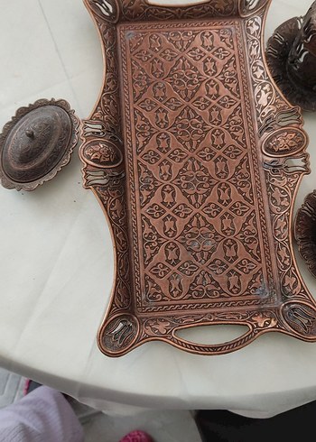 Kahverengi İşlemeli Bakır Kahve Seti - Görsel 2