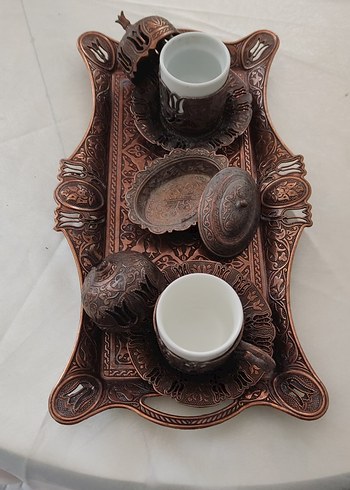 Kahverengi İşlemeli Bakır Kahve Seti - Görsel 3