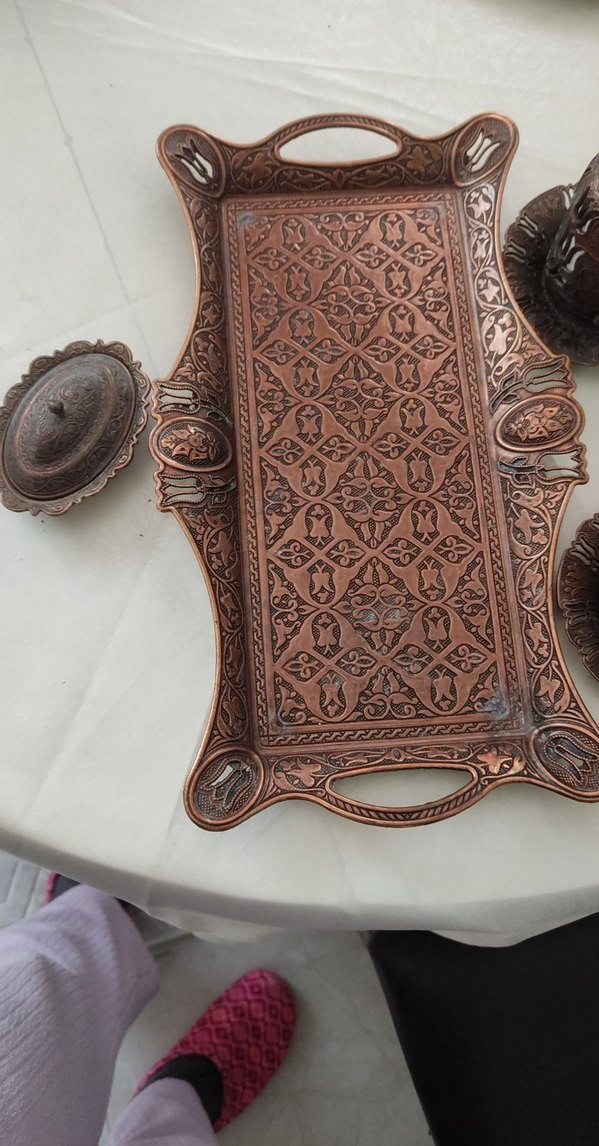 Kahverengi İşlemeli Bakır Kahve Seti - Görsel 2