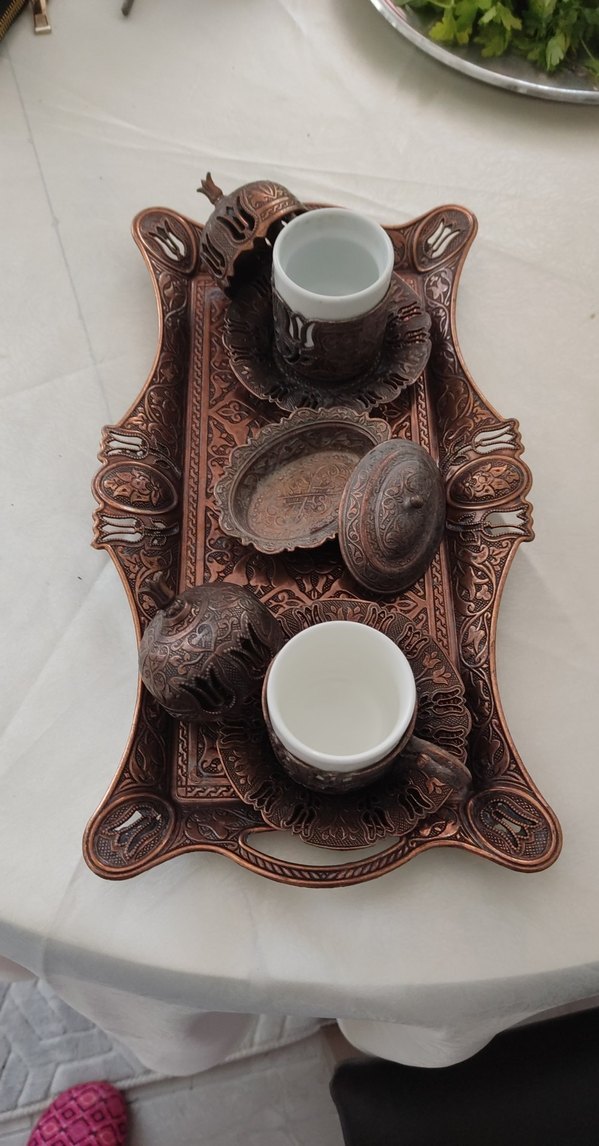 Kahverengi İşlemeli Bakır Kahve Seti - Görsel 3