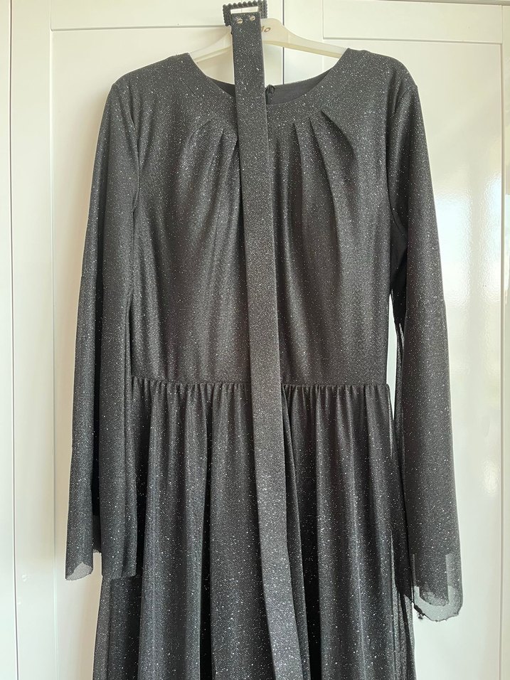 Uzun Kollu siyah gri simli abiye elbise - Görsel 2