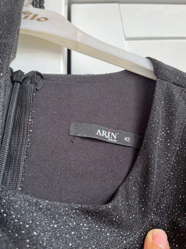 Uzun Kollu siyah gri simli abiye elbise - Görsel 3