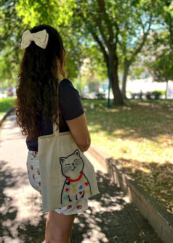 Kedi desenli, keten bez çanta