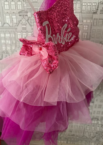 Parti/ Doğum günü- Pembe Barbie Payetli Kız Çocuk Elbisesi