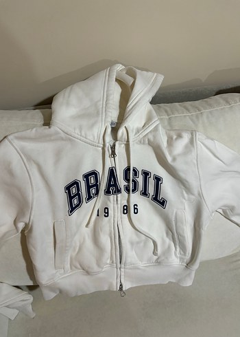 Beyaz Fermuarlı Baskılı Kadın Sweatshirt
