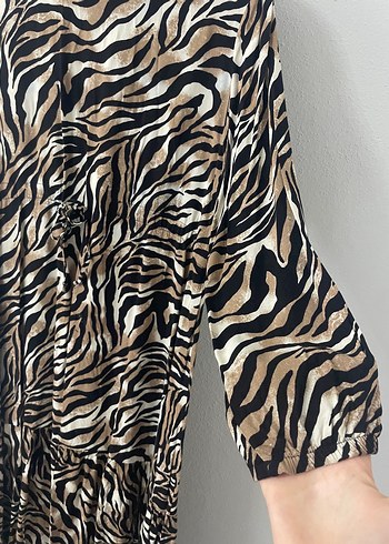 42 Beden Bohem Kahverengi Zebra Desenli Uzun Pilili Elbise