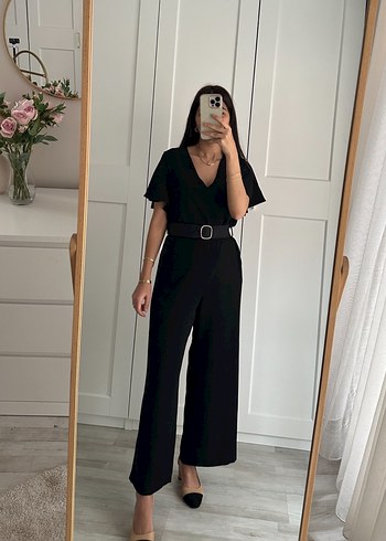 Zara Siyah V Yakalı Kemerli Midi Tulum