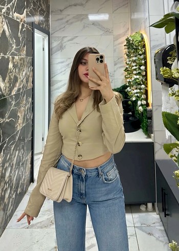 38 Beden Bej Keten Düğmeli Kısa Kadın Blazer